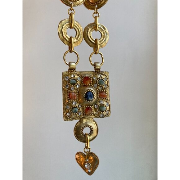 Vintage CLAIRE DEVE Gold Metal Double Chain Etruscan Statement Runway Necklace - Picture 2 of 16